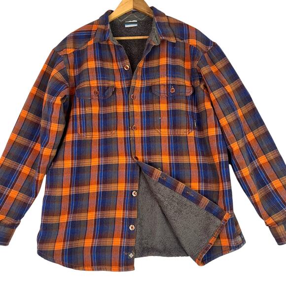 Columbia Sherpa Lined Shirt Jacket Mens XL Orange Plaid Shacket Gorpcore Warm - Picture 1 of 9
